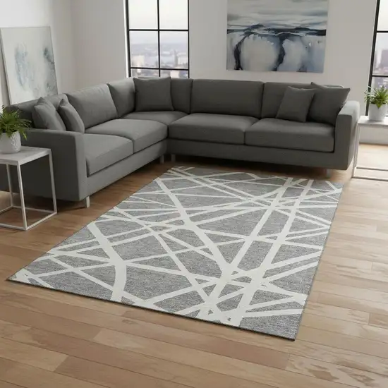 Gray And Ivory Geometric Washable Area Rug With UV Protection Photo 2