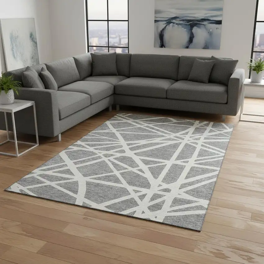 Gray And Ivory Geometric Washable Area Rug With UV Protection Photo 2