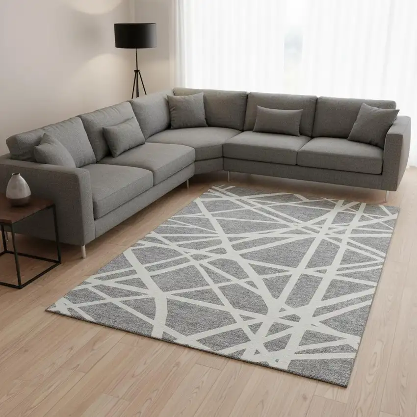 Gray And Ivory Geometric Washable Area Rug With UV Protection Photo 2