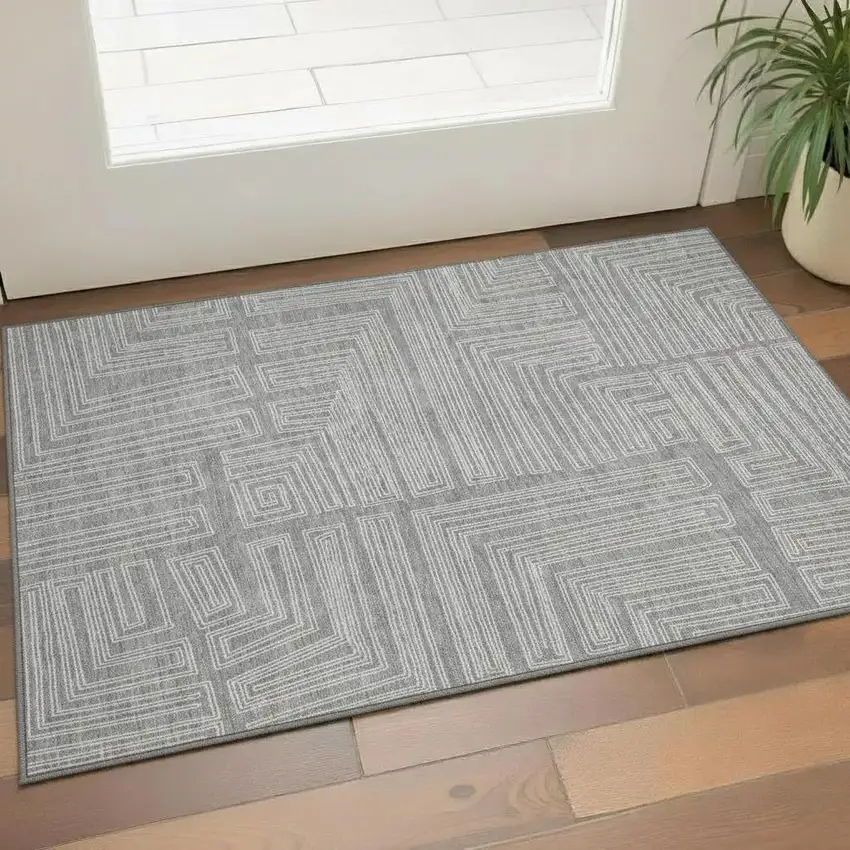 Gray And Ivory Geometric Washable Area Rug With UV Protection Photo 2