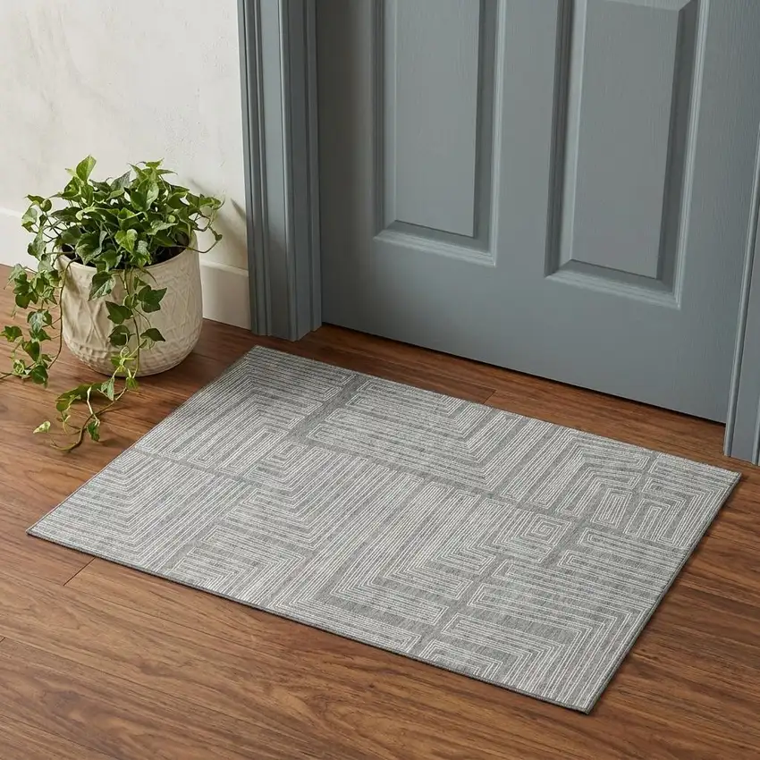 Gray And Ivory Geometric Washable Area Rug With UV Protection Photo 1