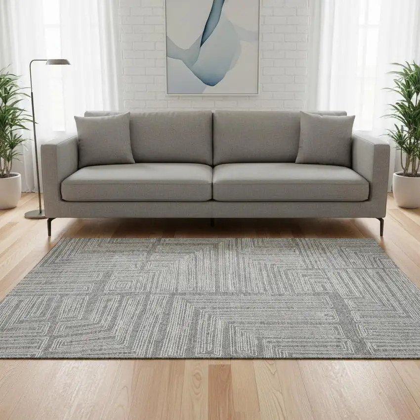 Gray And Ivory Geometric Washable Area Rug With UV Protection Photo 2