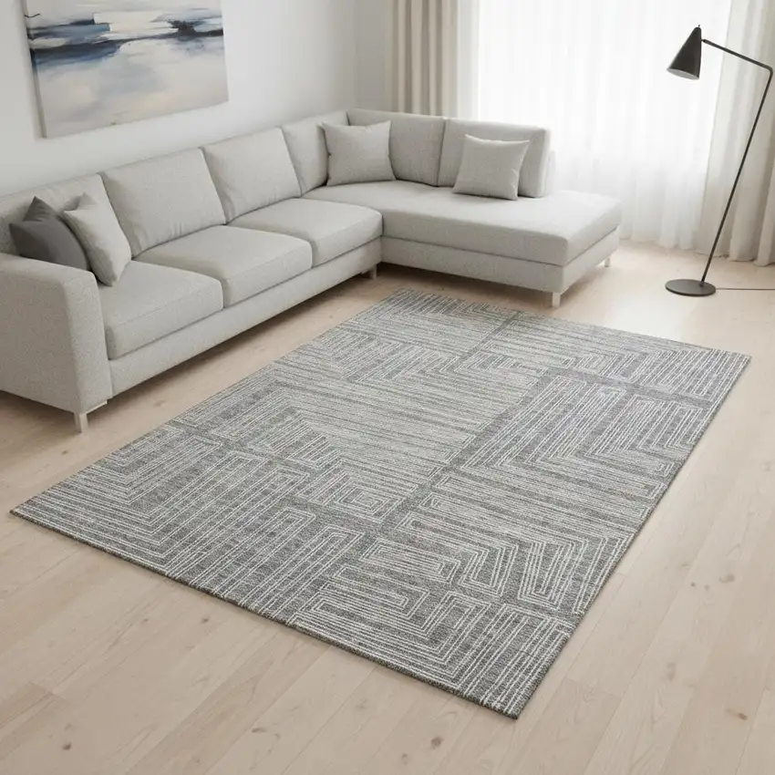 Gray And Ivory Geometric Washable Area Rug With UV Protection Photo 2