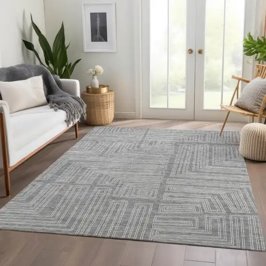 Gray And Ivory Geometric Washable Area Rug With UV Protection Photo 5