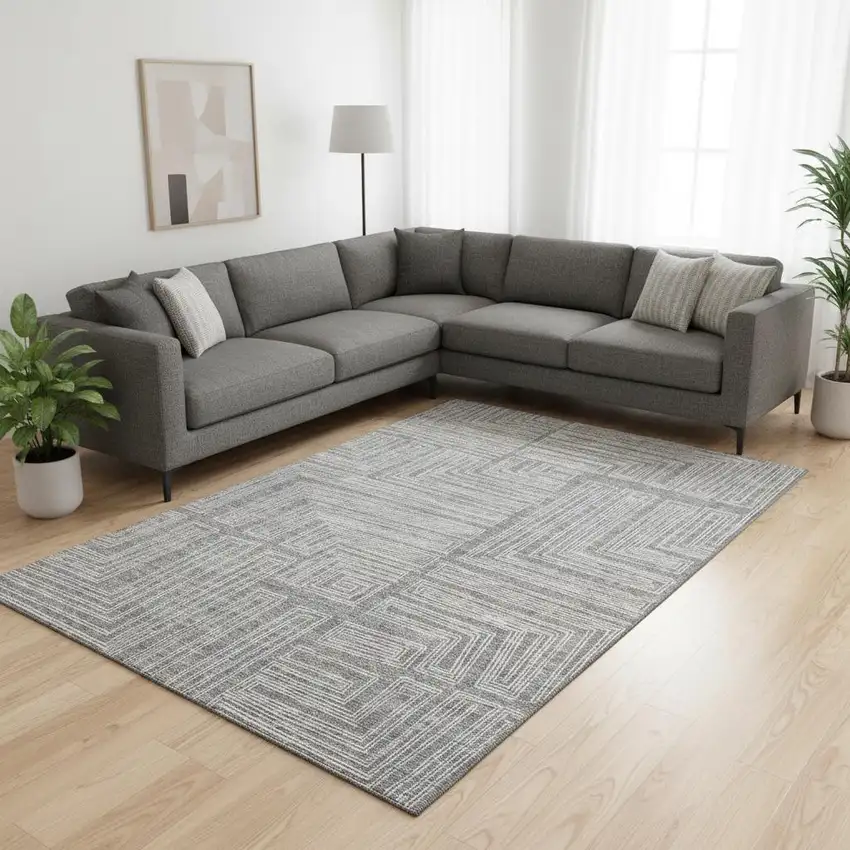 Gray And Ivory Geometric Washable Area Rug With UV Protection Photo 2