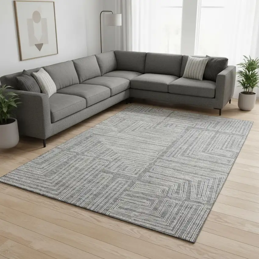 Gray And Ivory Geometric Washable Area Rug With UV Protection Photo 2