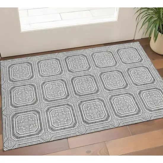 Gray And Ivory Geometric Washable Area Rug With UV Protection Photo 1