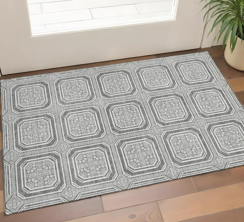 Gray And Ivory Geometric Washable Area Rug With UV Protection Photo 1
