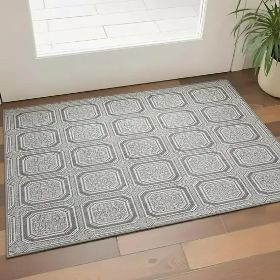 Gray And Ivory Geometric Washable Area Rug With UV Protection Photo 2