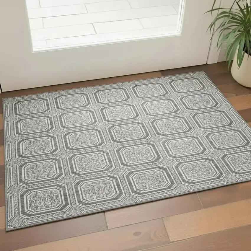 Gray And Ivory Geometric Washable Area Rug With UV Protection Photo 2
