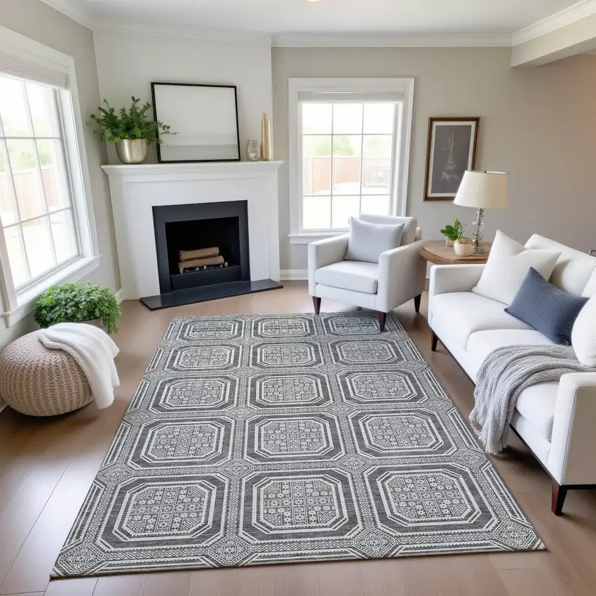 Gray And Ivory Geometric Washable Area Rug With UV Protection Photo 4