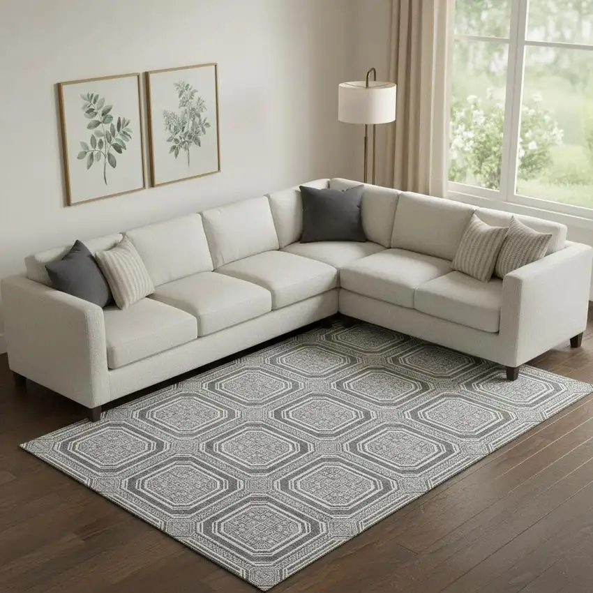 Gray And Ivory Geometric Washable Area Rug With UV Protection Photo 2