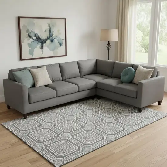 Gray And Ivory Geometric Washable Area Rug With UV Protection Photo 2