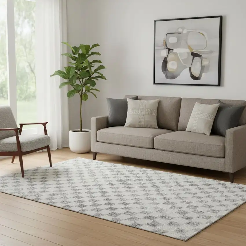 Gray And Ivory Geometric Washable Area Rug With UV Protection Photo 2