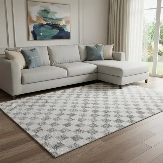 Gray And Ivory Geometric Washable Area Rug With UV Protection Photo 2