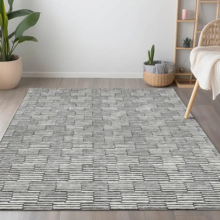 Gray And Ivory Geometric Washable Indoor Outdoor Area Rug Photo 9