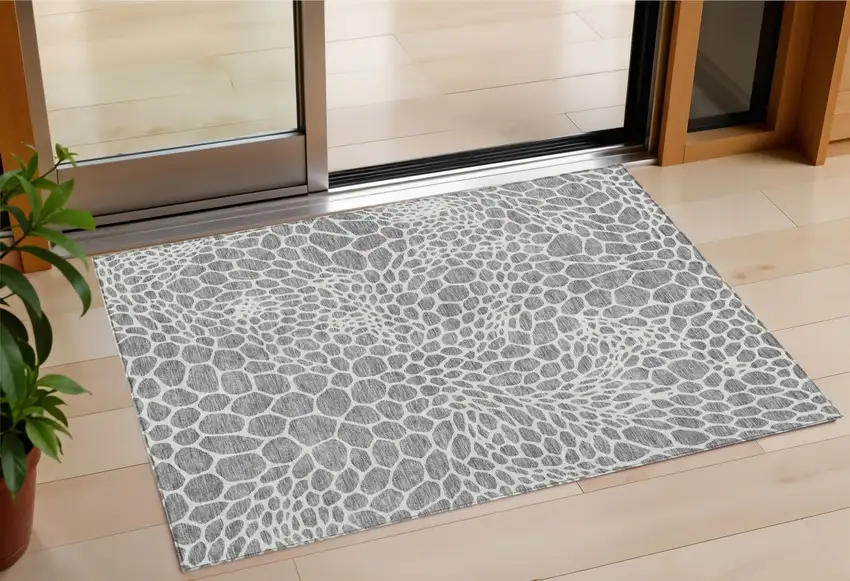 Gray And Ivory Geometric Washable Indoor Outdoor Area Rug Photo 1