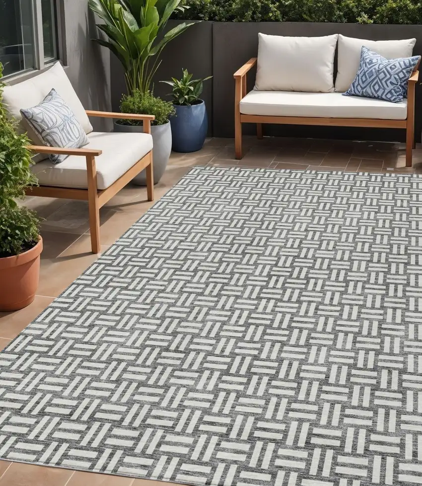 Gray And Ivory Geometric Washable Indoor Outdoor Area Rug Photo 1