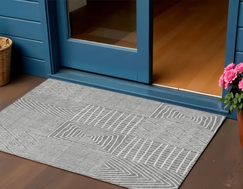 Gray And Ivory Geometric Washable Indoor Outdoor Area Rug Photo 1