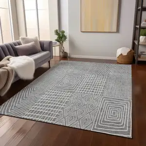 Photo of Gray And Ivory Geometric Washable Indoor Outdoor Area Rug