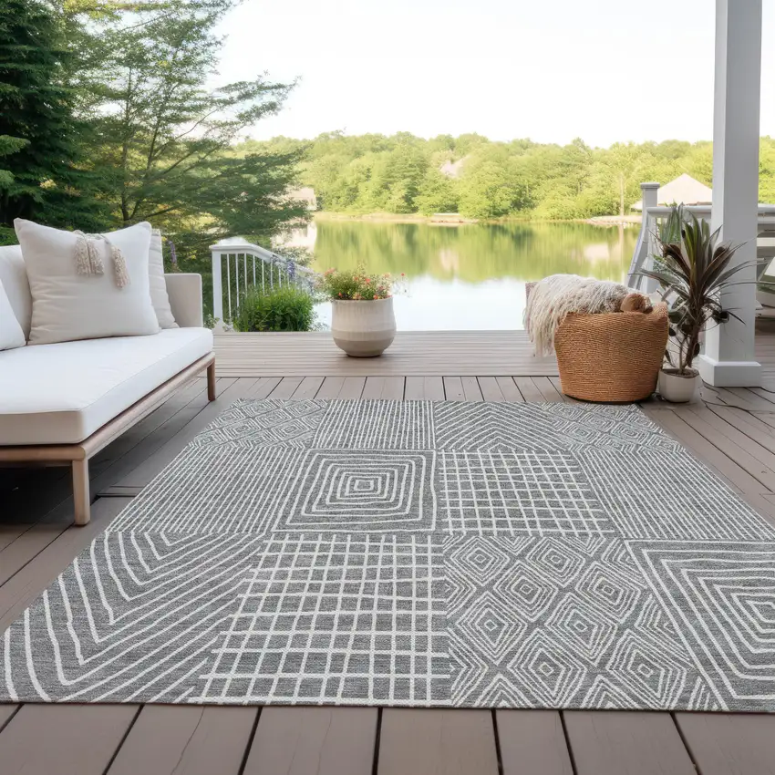 Gray And Ivory Geometric Washable Indoor Outdoor Area Rug Photo 9