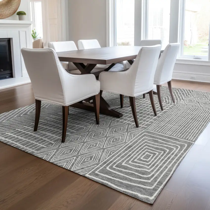 Gray And Ivory Geometric Washable Indoor Outdoor Area Rug Photo 8
