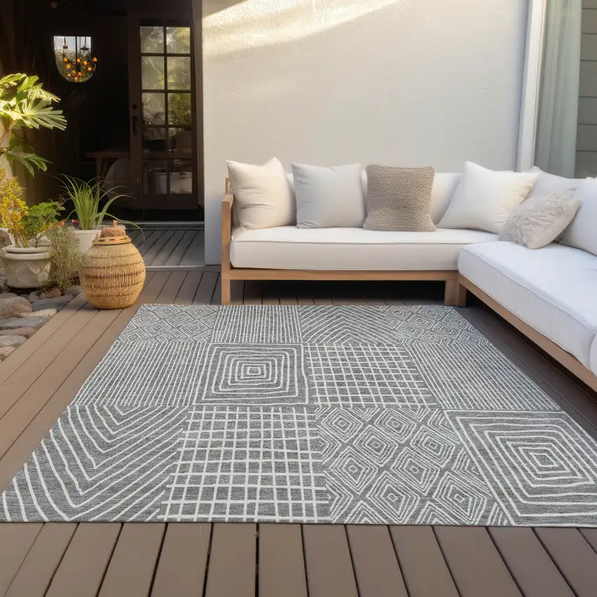 Gray And Ivory Geometric Washable Indoor Outdoor Area Rug Photo 7