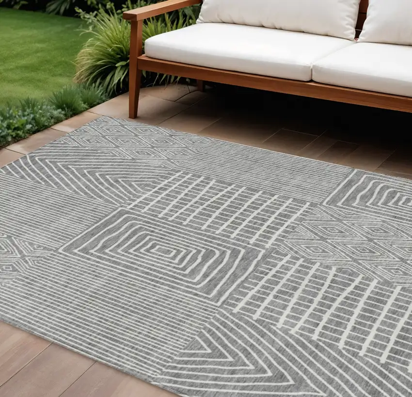 Gray And Ivory Geometric Washable Indoor Outdoor Area Rug Photo 1