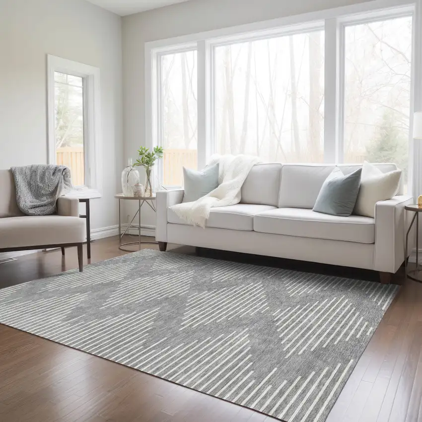 Gray And Ivory Geometric Washable Indoor Outdoor Area Rug Photo 9