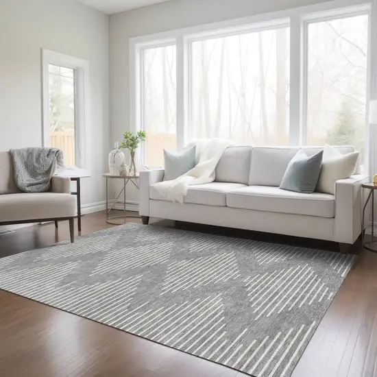 Gray And Ivory Geometric Washable Indoor Outdoor Area Rug Photo 9