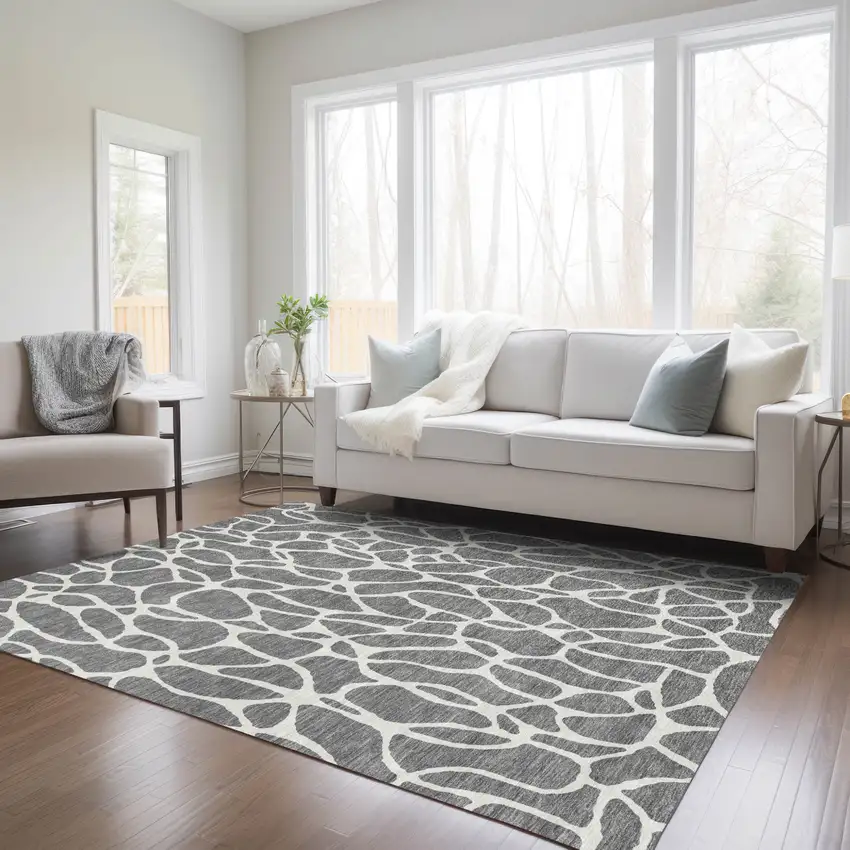 Gray And Ivory Geometric Washable Indoor Outdoor Area Rug Photo 9