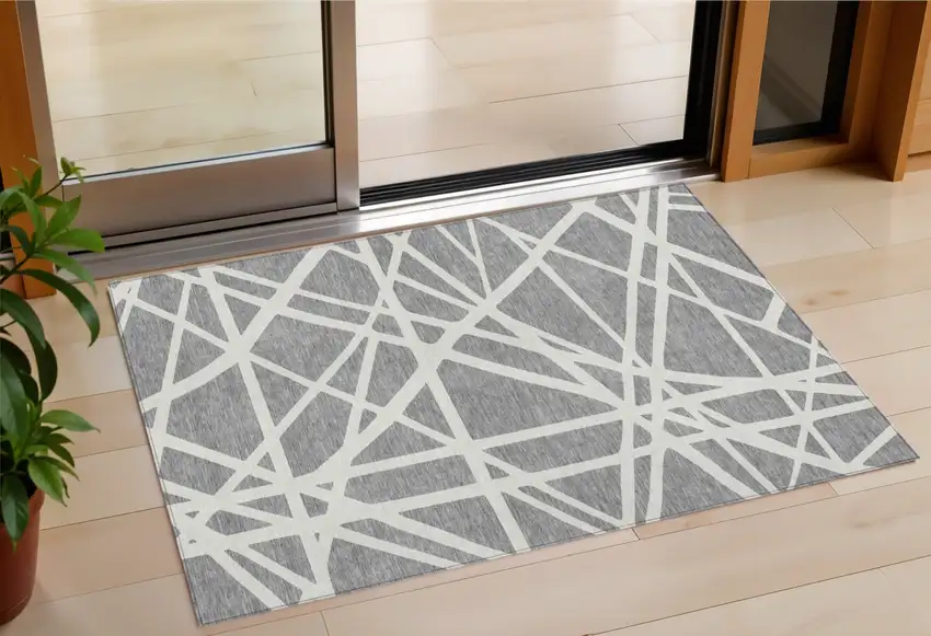 Gray And Ivory Geometric Washable Indoor Outdoor Area Rug Photo 1