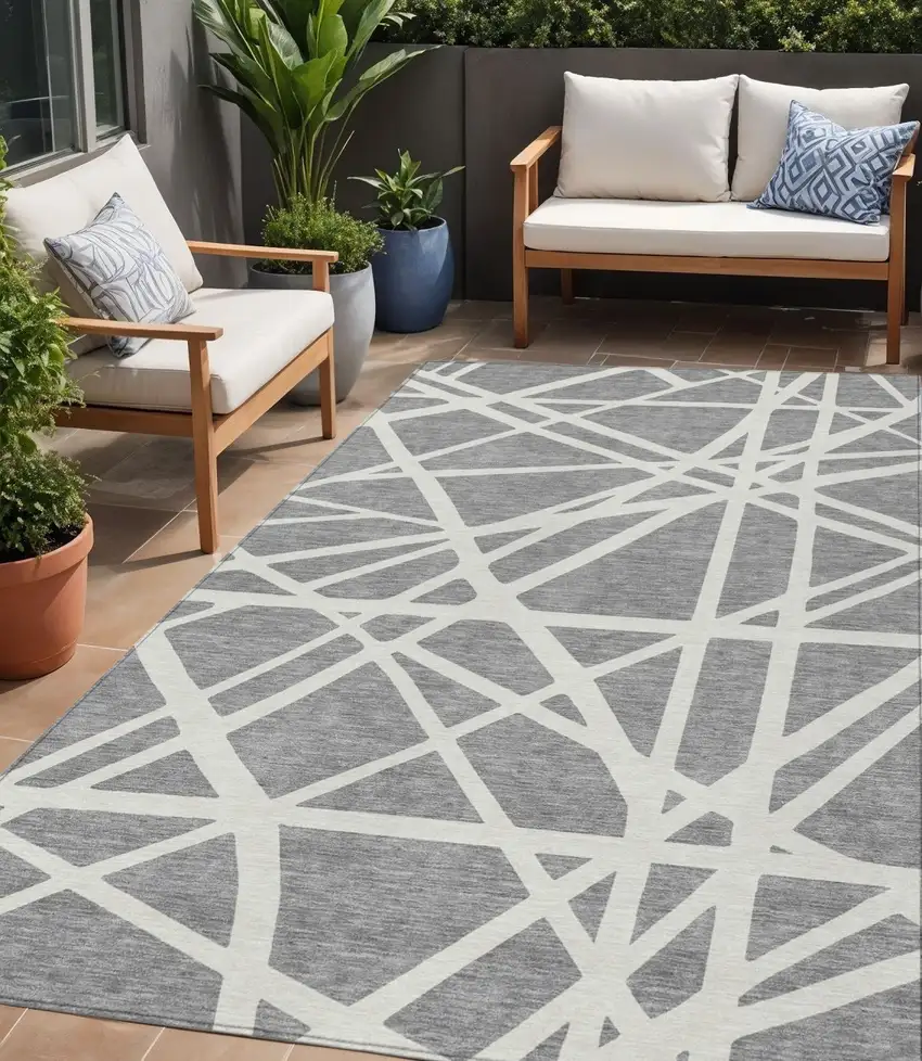 Gray And Ivory Geometric Washable Indoor Outdoor Area Rug Photo 1