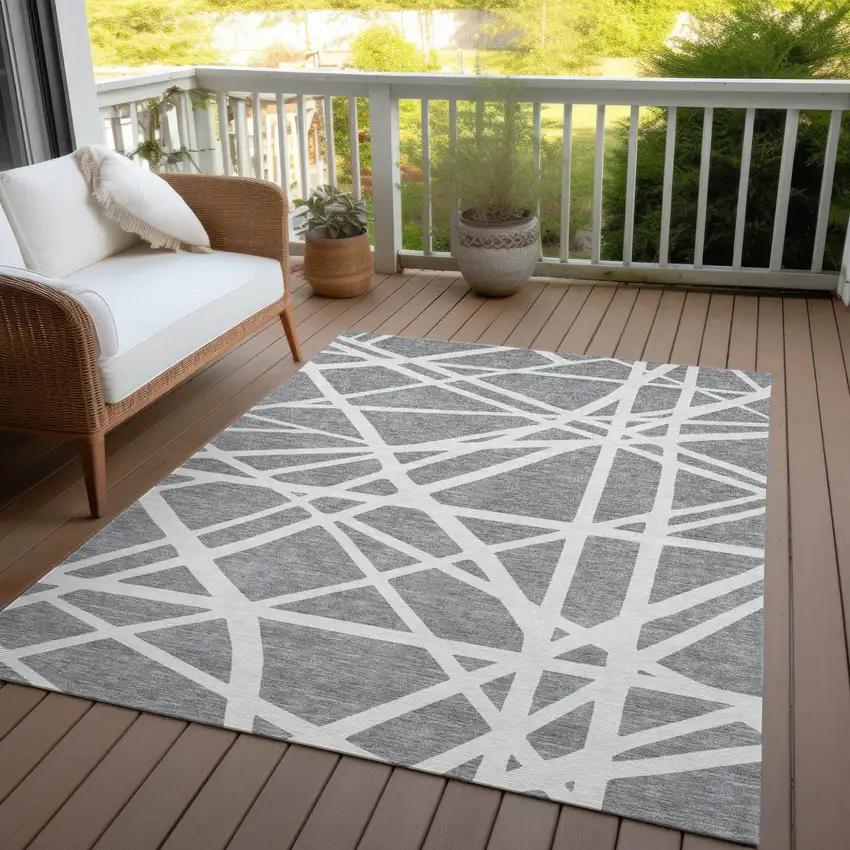Gray And Ivory Geometric Washable Indoor Outdoor Area Rug Photo 9