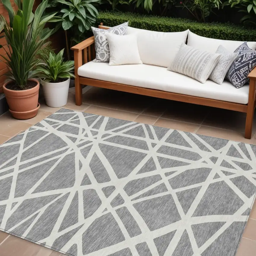 Gray And Ivory Geometric Washable Indoor Outdoor Area Rug Photo 1