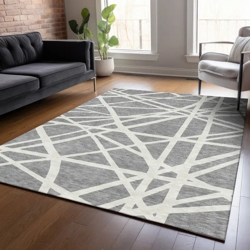 Gray And Ivory Geometric Washable Indoor Outdoor Area Rug Photo 9