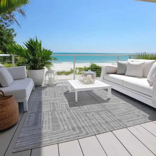 Gray And Ivory Geometric Washable Indoor Outdoor Area Rug Photo 9