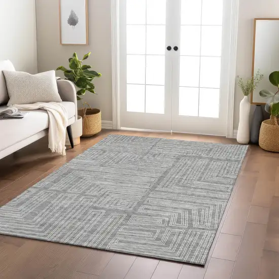 Gray And Ivory Geometric Washable Indoor Outdoor Area Rug Photo 9