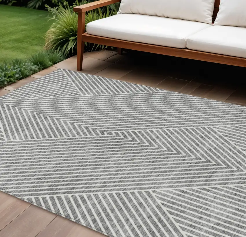 Gray And Ivory Geometric Washable Indoor Outdoor Area Rug Photo 1