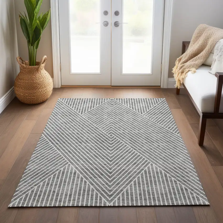 Gray And Ivory Geometric Washable Indoor Outdoor Area Rug Photo 9