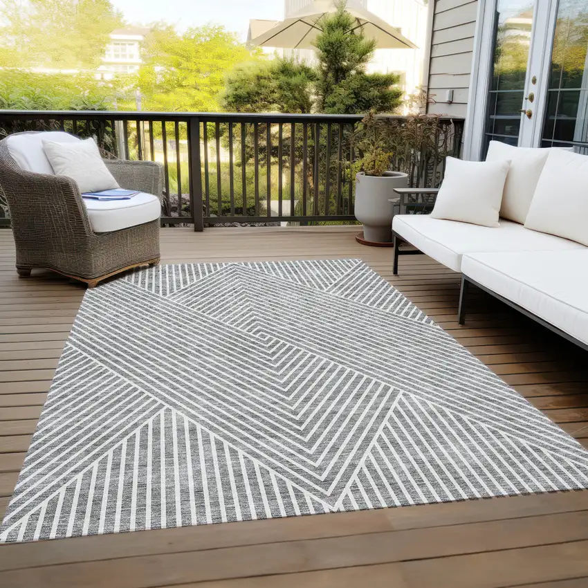 Gray And Ivory Geometric Washable Indoor Outdoor Area Rug Photo 9