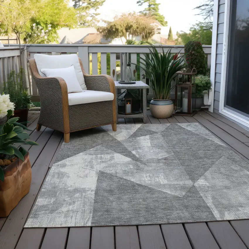 Gray And Ivory Geometric Washable Indoor Outdoor Area Rug Photo 8