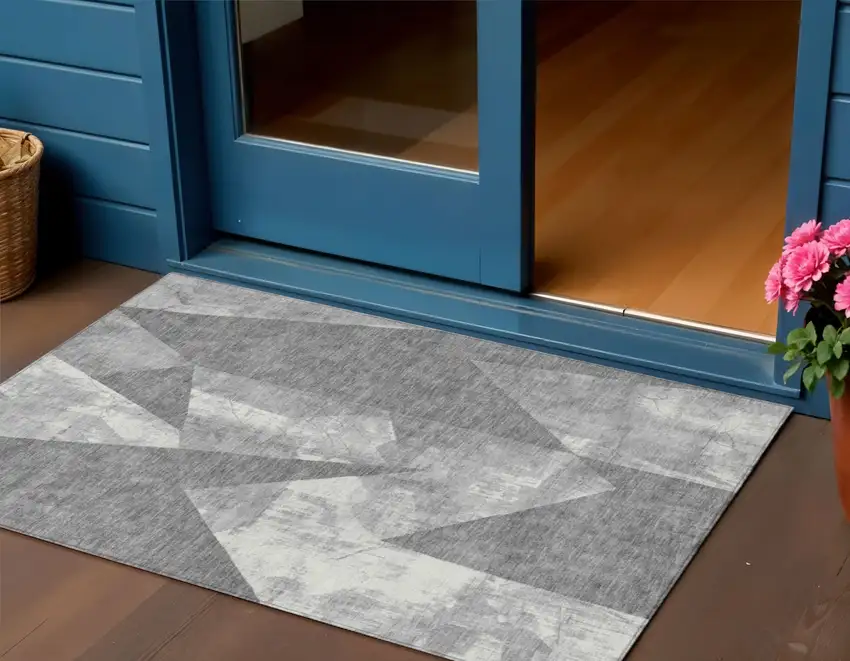 Gray And Ivory Geometric Washable Indoor Outdoor Area Rug Photo 2