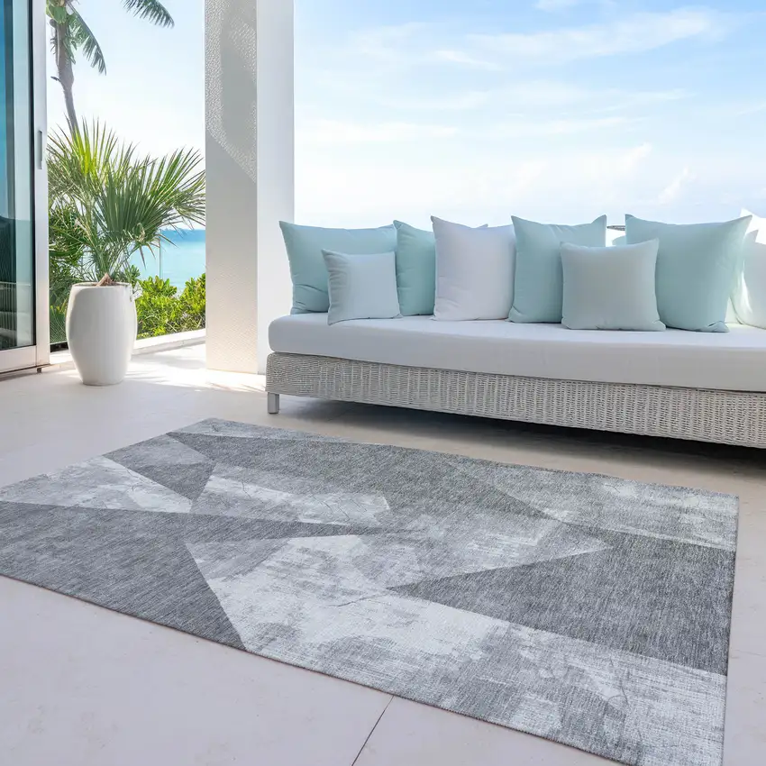 Gray And Ivory Geometric Washable Indoor Outdoor Area Rug Photo 4