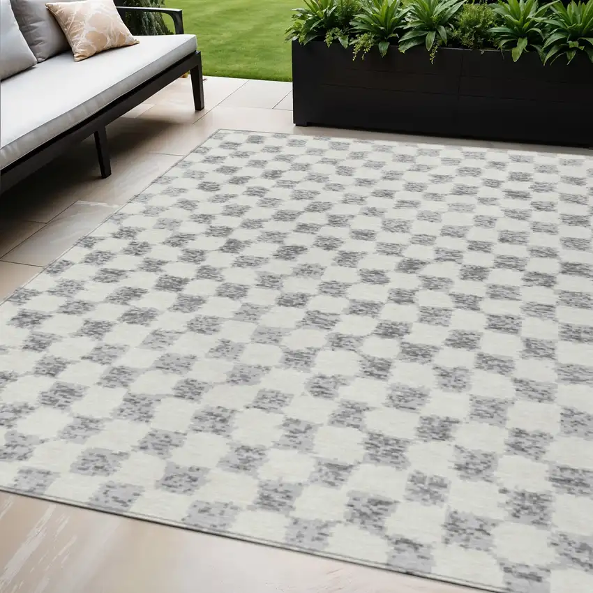 Gray And Ivory Geometric Washable Indoor Outdoor Area Rug Photo 2