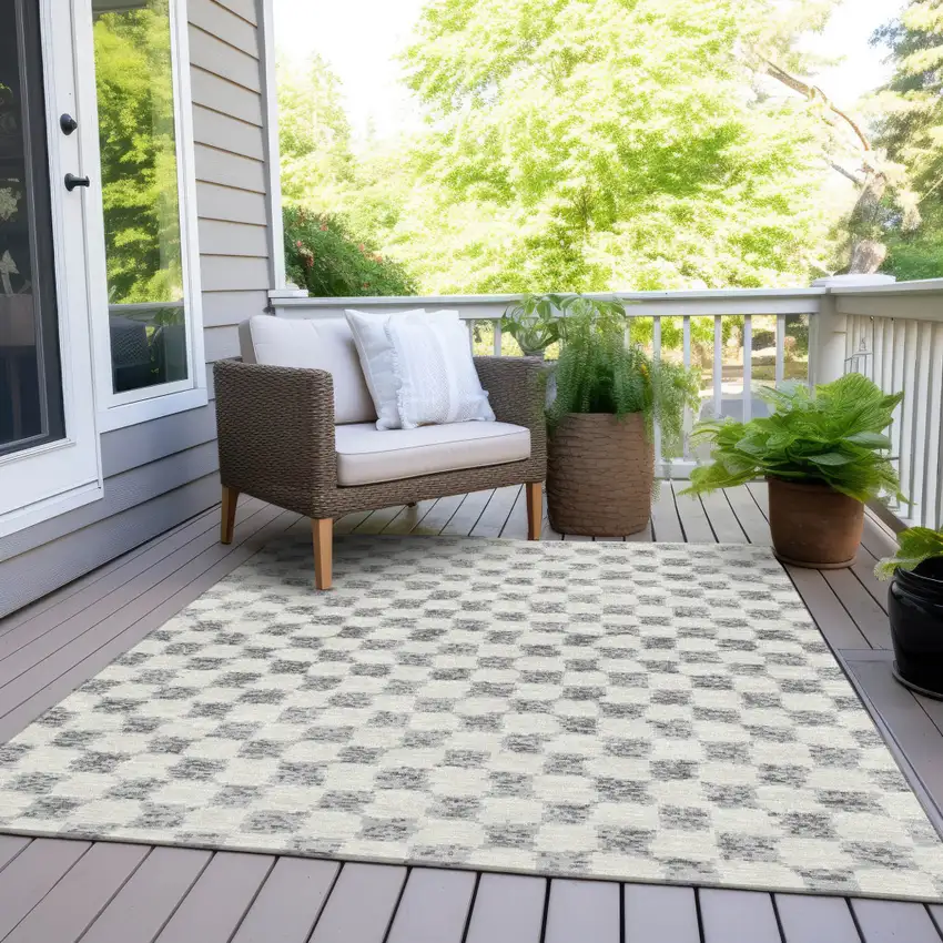 Gray And Ivory Geometric Washable Indoor Outdoor Area Rug Photo 8