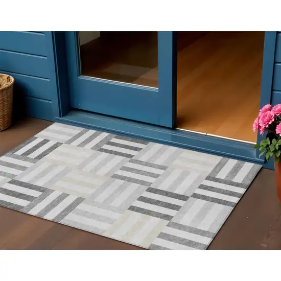 Gray And Ivory Geometric Washable Indoor Outdoor Area Rug Photo 1