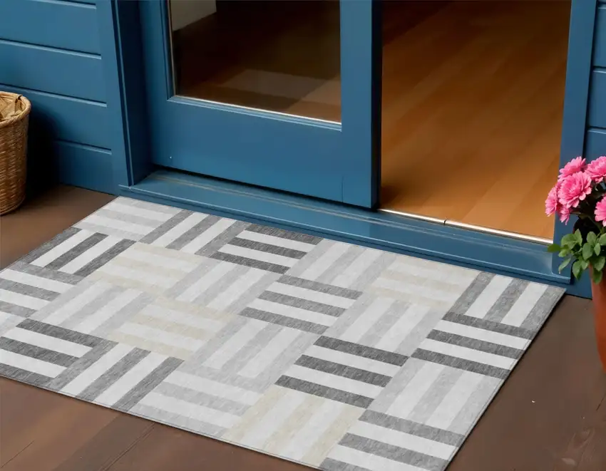Gray And Ivory Geometric Washable Indoor Outdoor Area Rug Photo 1