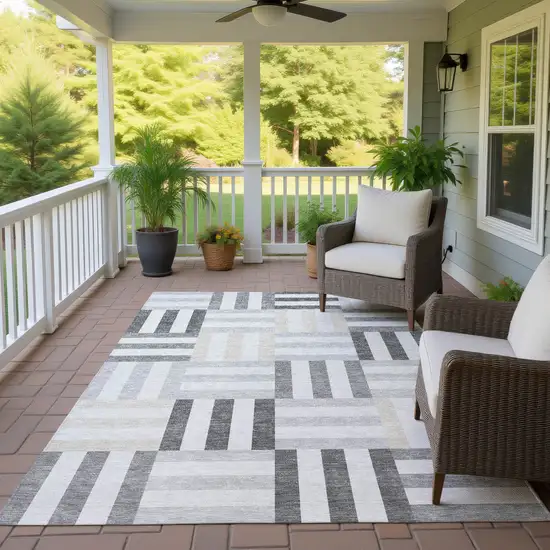 Gray And Ivory Geometric Washable Indoor Outdoor Area Rug Photo 9
