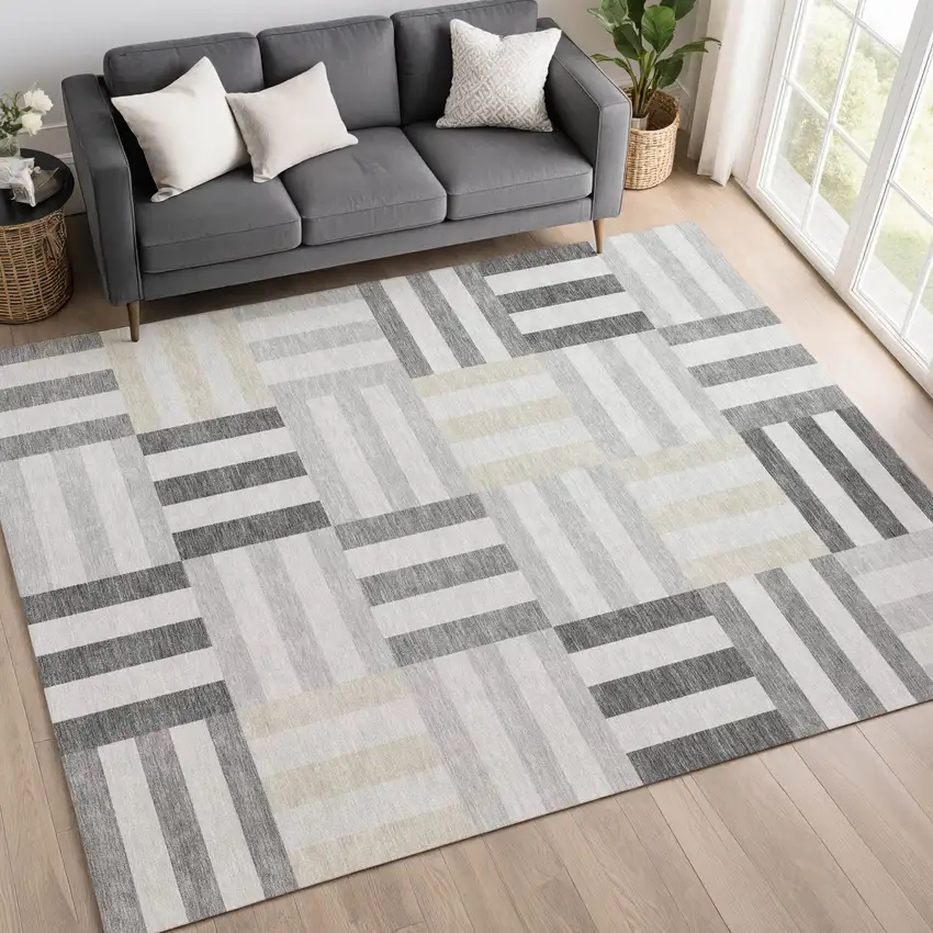 Gray And Ivory Geometric Washable Indoor Outdoor Area Rug Photo 9
